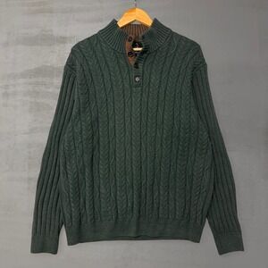 Jos. A. Bank Executive Collection Sweater Green Cable Knit Mock Neck Button XL